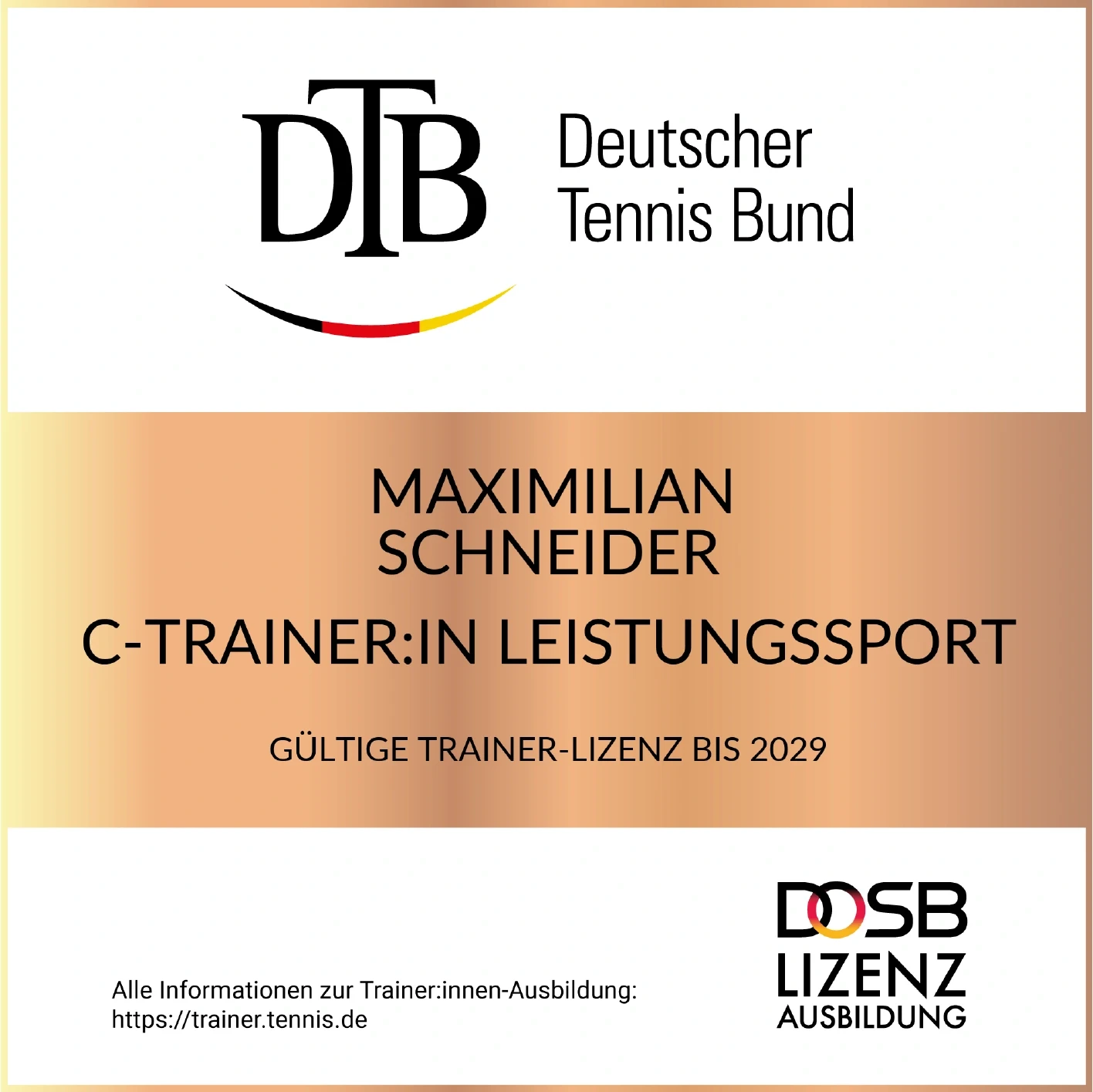 DTB-Trainerlizenz für Maximilian Schneider: C-Trainer Leistungssport, gültig bis 2029
