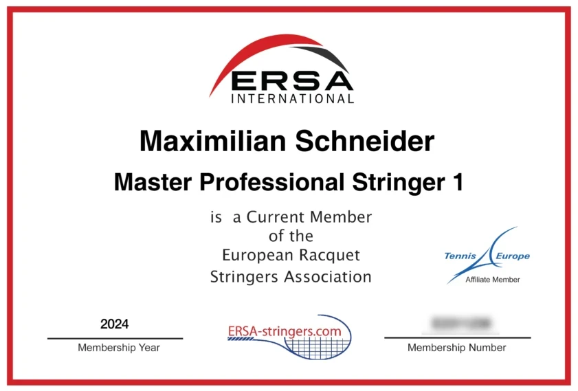 ERSA-Zertifikat für Maximilian Schneider: Master Professional Stringer 1, Mitgliedsjahr 2024